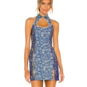 Kim Shui Denim Mini Combo DressBlue Patterned lace up Revolve NWT L